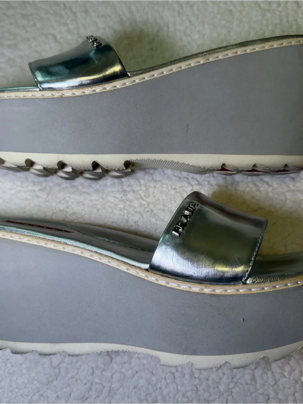 Authentic Vintage PRADA Silver  Leather Wedge Sandals Platform Slide 37.5